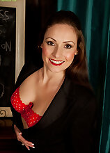 Naughty teacher Sophia Delane spreads older hairy pussy.