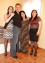 Three mature women sucking and fucking one dude