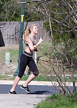 Gail takes a run then works out with weights and her pussy right here