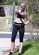 Gail takes a run then works out with weights and her pussy right here