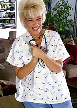 Mature blonde nurse slide out of her uniform and smiles