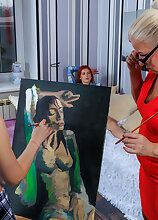 Old & young lesbian painting with granny Lori Kirchantal and young babes Luna Rishi and Lilith Liber