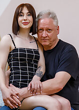 This grandpa fucks hot shaved small tits 18 year old teen Sandy Morrison hard in his bed