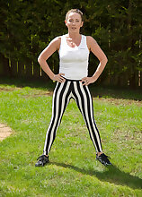 44 year old Marlyn comes inside to have a drink and strip down nude